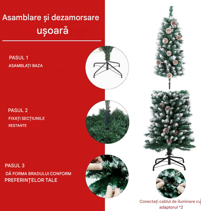 Brad artificial verde impodobit cu instalatie 160 LED-uri si 25 conuri de pin, 150 cm [4]