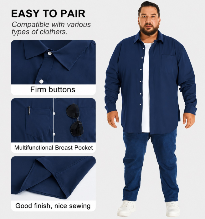 Cămașă Bărbați Big Size, 100% Bumbac, Buzunar la Piept, Croi Lejer, 2XL [4]