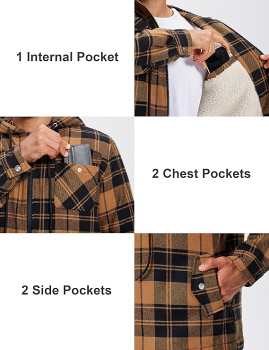 Cămașă tip jacheta Bărbați MoFiz, Flanel Căptușit, Glugă, Carouri, 5 Buzunare, 3XL [4]