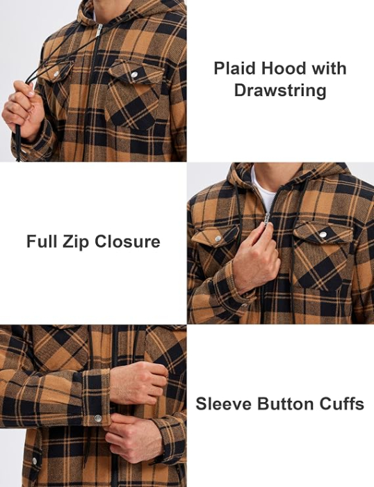 Cămașă tip jacheta Bărbați MoFiz, Flanel Căptușit, Glugă, Carouri, 5 Buzunare, 3XL [3]
