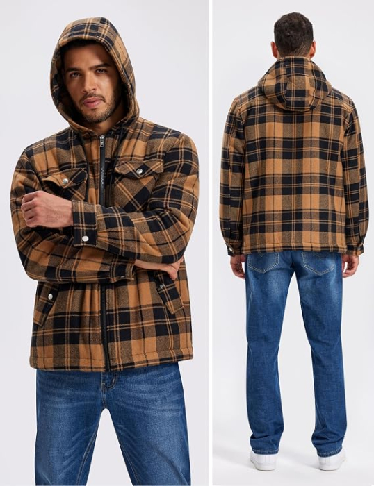 Cămașă tip jacheta Bărbați MoFiz, Flanel Căptușit, Glugă, Carouri, 5 Buzunare, 3XL [6]