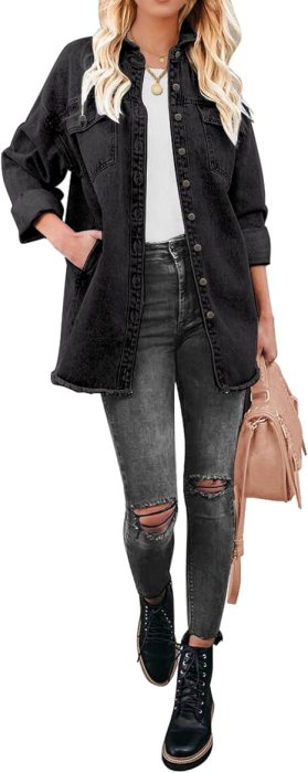 Camasa neagra din denim, larga, cu maneca lunga pentru femei L [4]