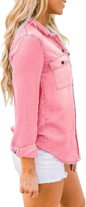 Camasa Roz din denim, larga, cu maneca lunga pentru femei XL [2]