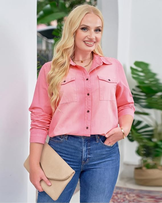 Camasa Roz din denim, larga, cu maneca lunga pentru femei XL [3]