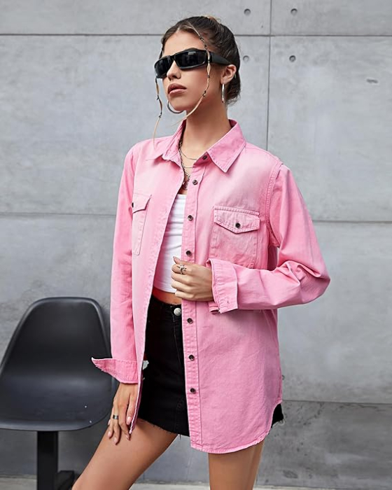 Camasa Roz din denim, larga, cu maneca lunga pentru femei XL [6]