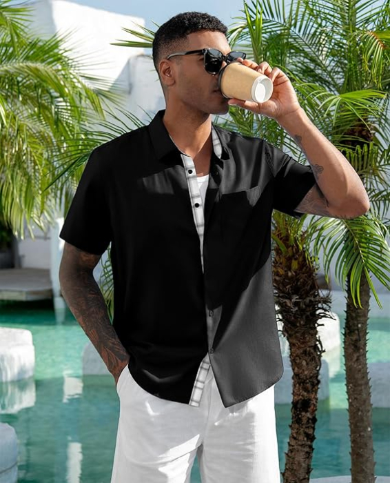 Cămașă bărbați cu mânecă scurtă, croială regulată, cu nasturi, neagra L [5]