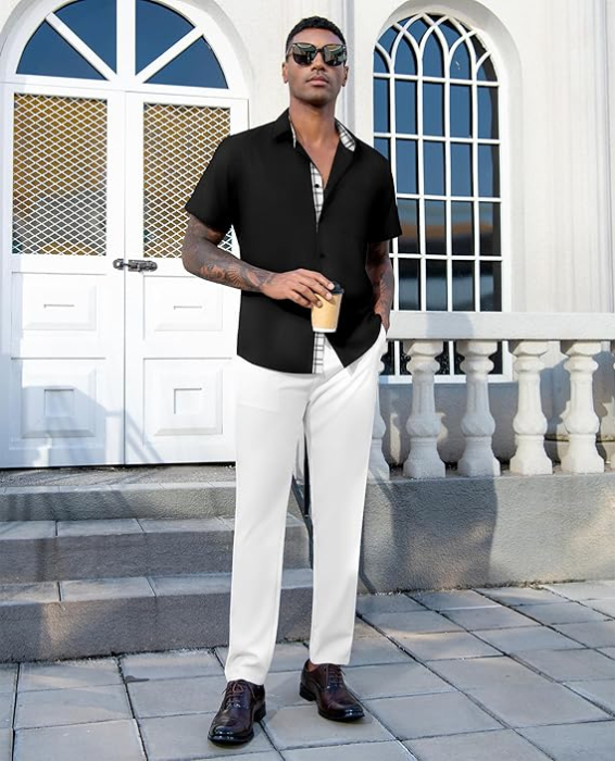 Cămașă bărbați cu mânecă scurtă, croială regulată, cu nasturi, neagra L [7]