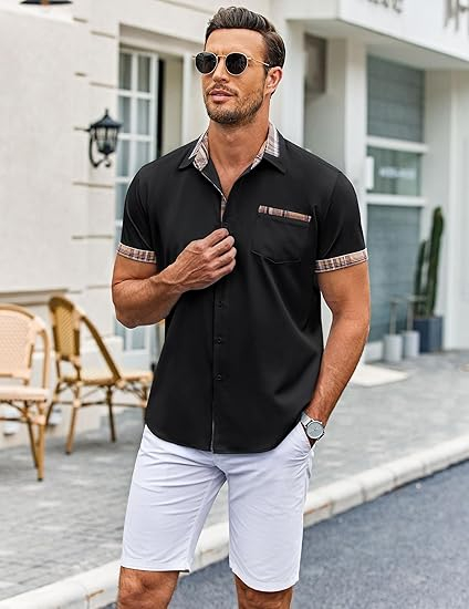 Cămașă bărbați cu mânecă scurtă, croială regulată, cu nasturi, negru S [2]