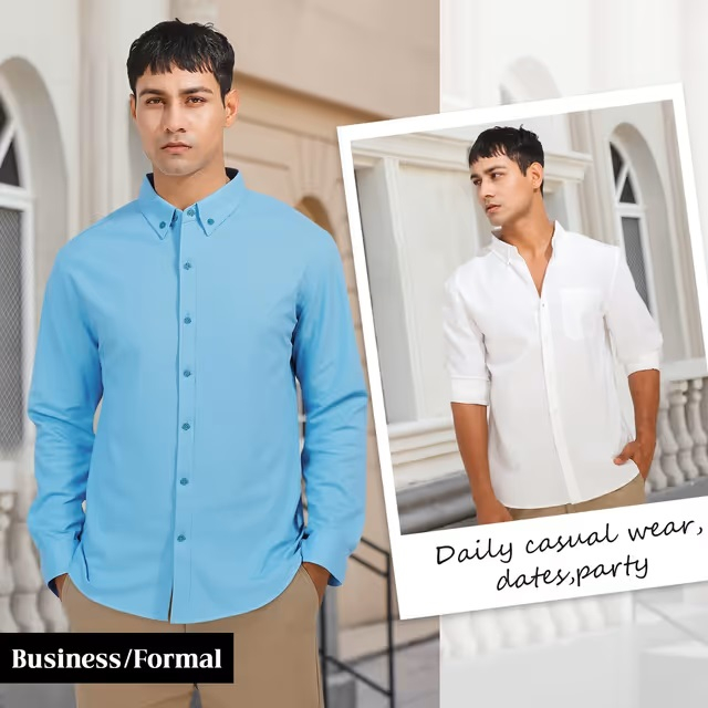 Cămașă bărbați cu mânecă lunga, croială regulată, cu nasturi, albastru XL [4]