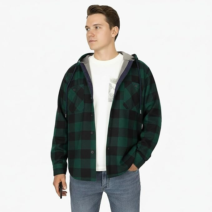 Camasa verde captusita, tip jacheta, in carouri, cu fermoar si buzunare cu capse, 2XL [3]