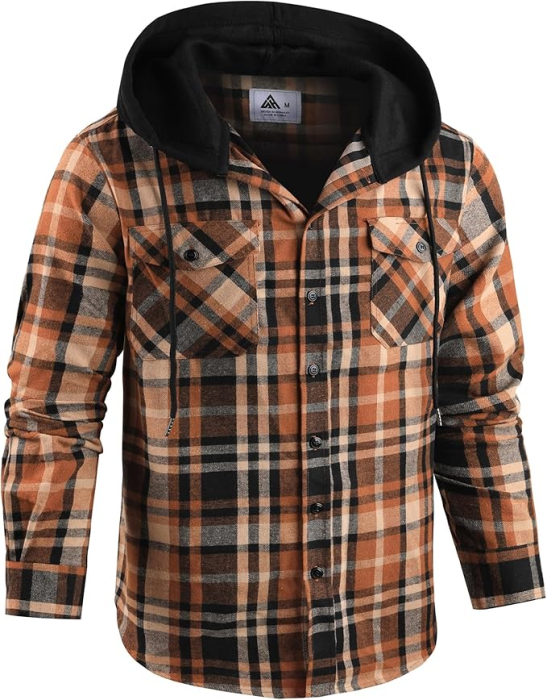 Camasa casual in carouri maro, cu gluga si buzunare cu capse, 2XL [3]