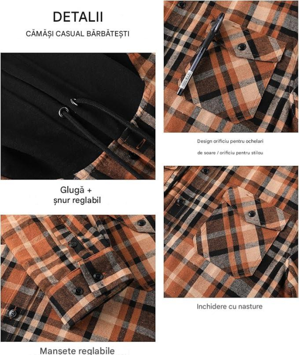 Camasa casual in carouri maro, cu gluga si buzunare cu capse, 2XL [4]