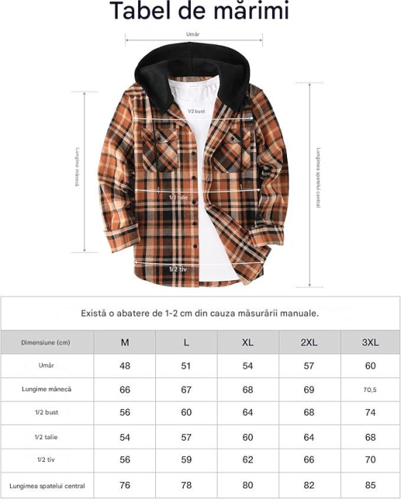 Camasa casual in carouri maro, cu gluga si buzunare cu capse, 2XL [6]