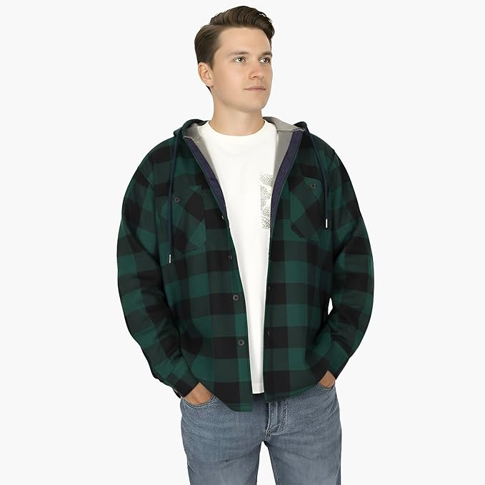 Camasa verde captusita, tip jacheta, in carouri, cu fermoar si buzunare cu capse, 2XL [2]