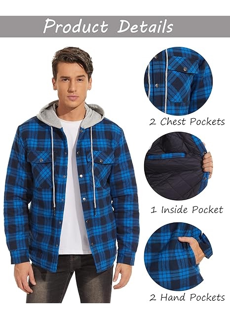 Camasa captusita, tip jacheta, in carouri, cu fermoar si buzunare cu capse, Albastru XL [2]