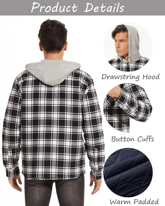 Camasa captusita, tip jacheta, in carouri, cu fermoar si buzunare cu capse, Negru-alb 2XL [3]