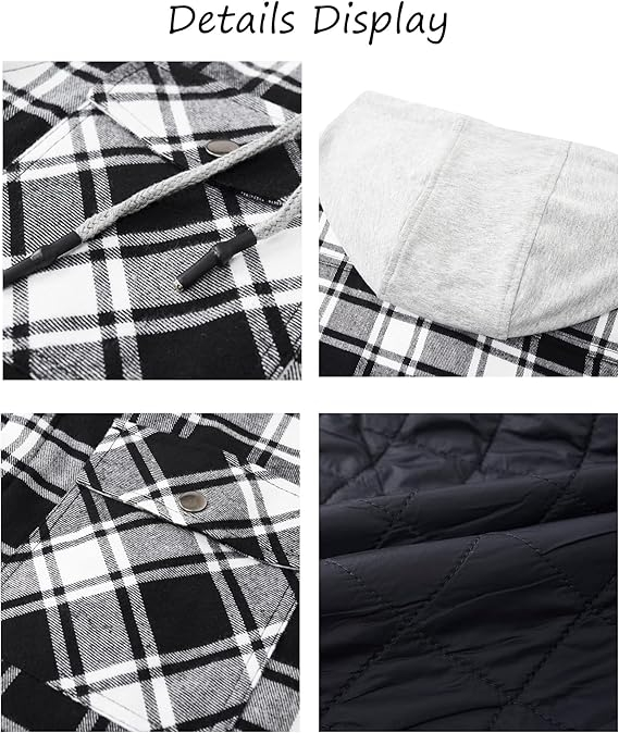Camasa captusita, tip jacheta, in carouri, cu fermoar si buzunare cu capse, Negru-alb 2XL [5]
