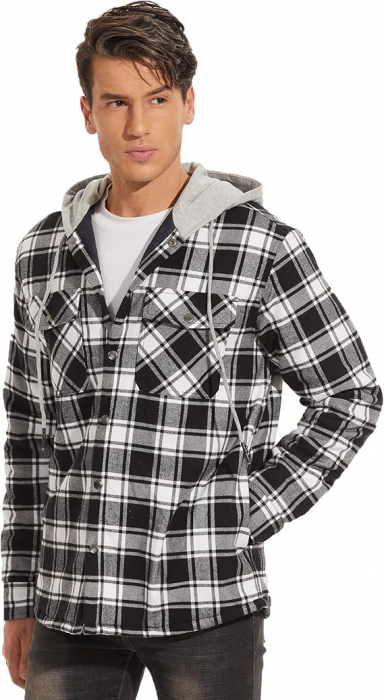 Camasa captusita, tip jacheta, in carouri, cu fermoar si buzunare cu capse, Negru-alb 2XL [4]