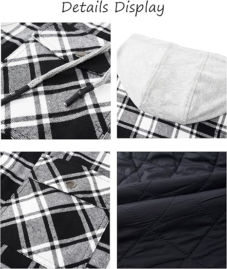 Camasa captusita, tip jacheta, in carouri, cu fermoar si buzunare cu capse, Negru-alb XL [5]