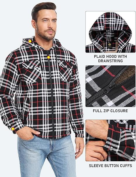 Camasa termica in carouri gri/negru/rosu, cu gluga si buzunare cu capse, XL [3]