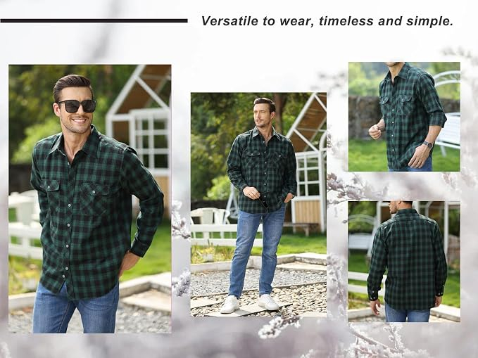 Cămașă Flanel Bărbați în Carouri, Călduroasă, Croi Lejer, 2 Buzunare cu Nasturi, negru/verde 2XL [2]