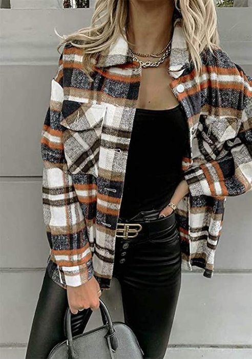 Cămașă in carouri cu maro, larga, cu mânecă lungă pentru femei, M [2]