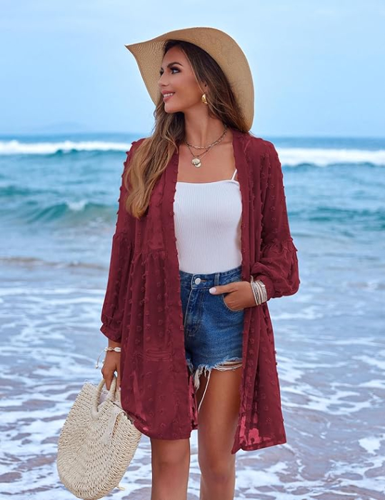 Cămașă lunga, larga, cu mânecă lungă pentru femei, visinie L [5]