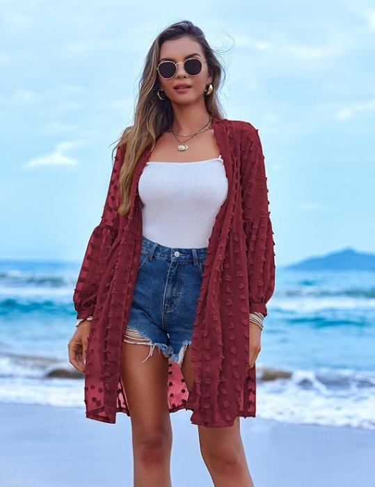 Cămașă lunga, larga, cu mânecă lungă pentru femei, visinie S [2]