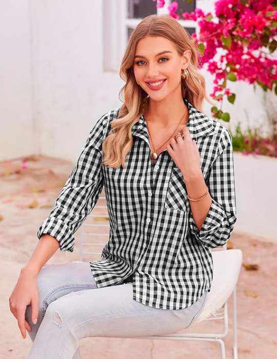 Cămașă in carouri, larga, cu mânecă lungă pentru femei alb cu negru S [3]