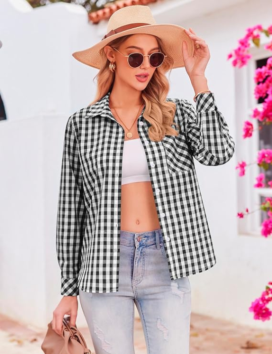 Cămașă in carouri, larga, cu mânecă lungă pentru femei alb cu negru S [2]