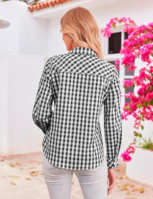 Cămașă in carouri, larga, cu mânecă lungă pentru femei alb cu negru S [4]