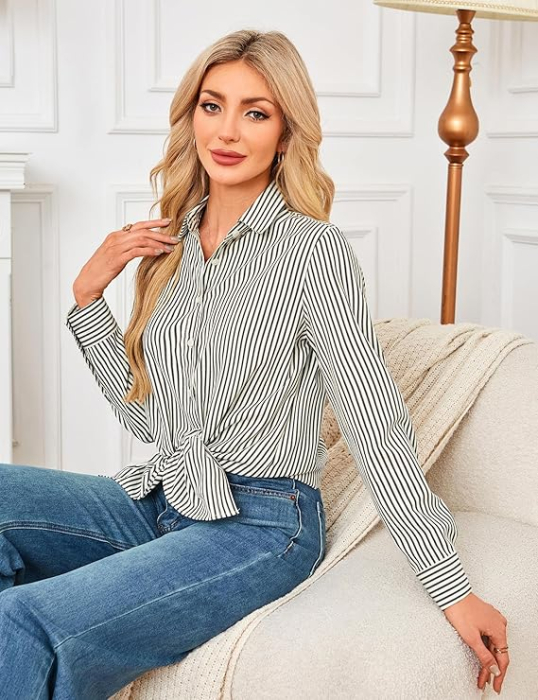 Cămașă lejeră cu mânecă lungă pentru femei marimea M alba cu dungi [3]