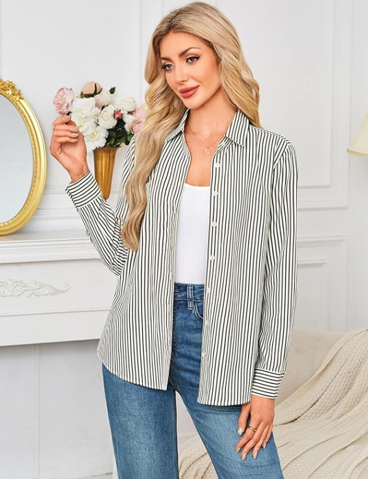 Cămașă lejeră cu mânecă lungă pentru femei marimea 2XL alba cu dungi [4]