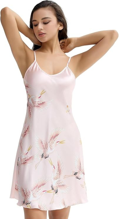 Camasa lejera de somn pentru femei, din satin, roz cu model S [4]