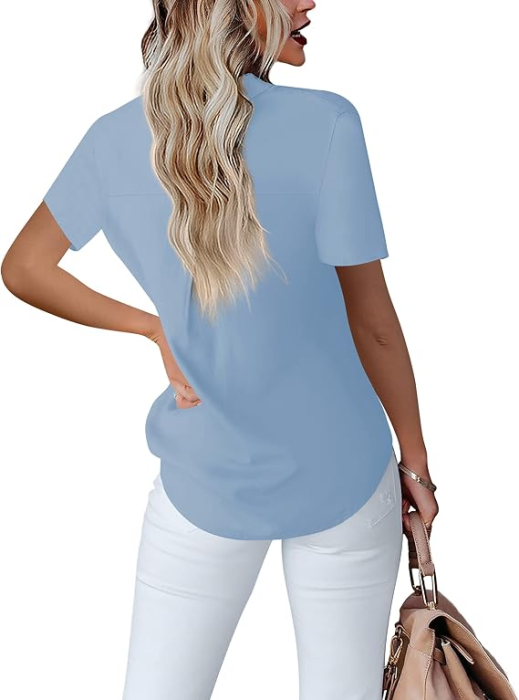Bluză Damă bleu cu Nasturi și Decolteu în V, Mâneci Scurte, Croi Elegant, Material Ușor și Respirabil, Office Casual S [3]