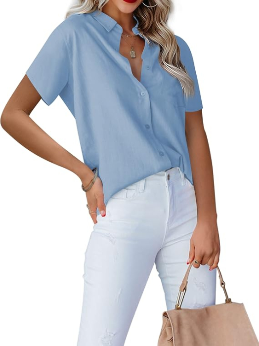 Bluză Damă bleu cu Nasturi și Decolteu în V, Mâneci Scurte, Croi Elegant, Material Ușor și Respirabil, Office Casual S [2]
