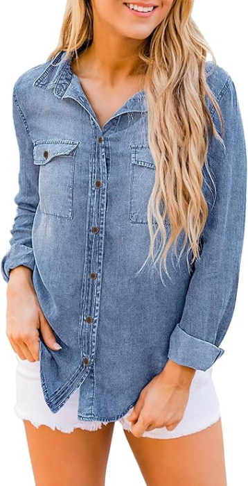 Camasa Albastra din denim, larga, cu maneca lunga pentru femei XL [4]