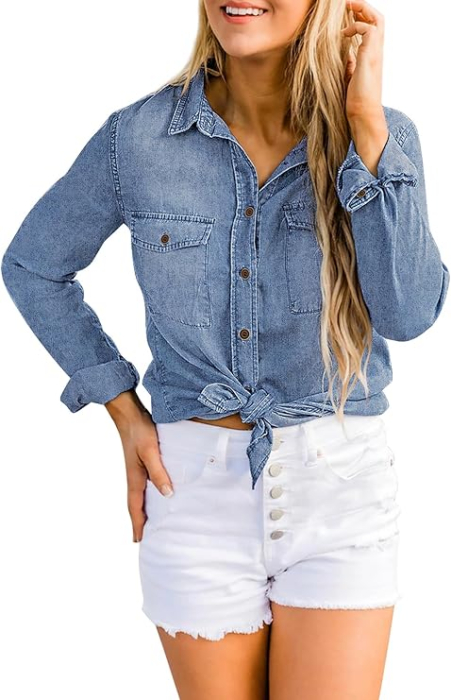 Camasa Albastra din denim, larga, cu maneca lunga pentru femei XL [5]