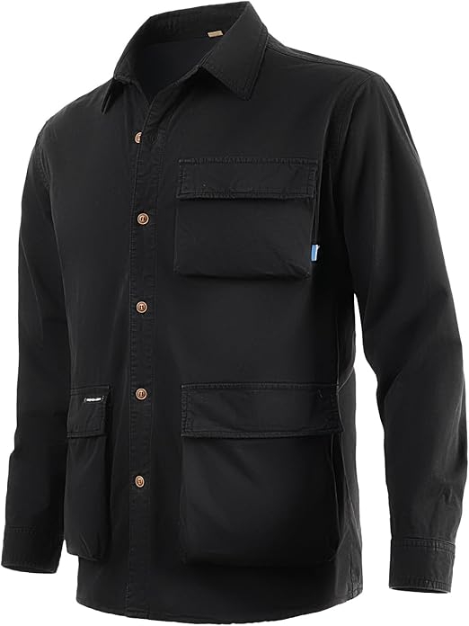 Camasa neagra lejera tip jacheta, cu maneca lunga, buzunare mari, pentru barbati L [6]