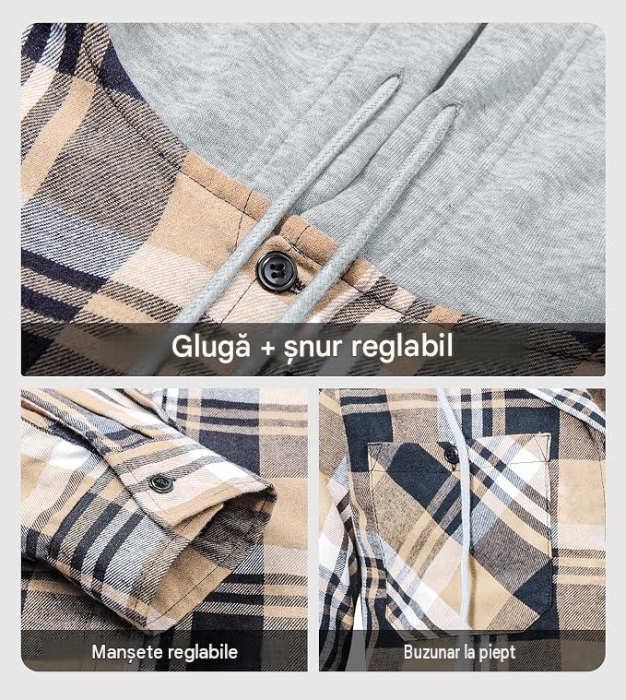 Camasi subtiri tip jacheta, in carouri, cu gluga si nasturi, 3XL, set 3 bucati, crem, mov albastru [4]