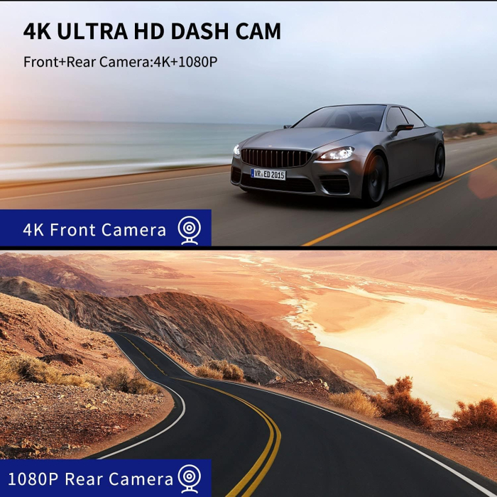 Cameră auto duală față și spate cu aplicație, WiFi 4K HD,vedere nocturnă, WDR, înregistrare în buclă, unghi larg de 170°, senzor G [6]