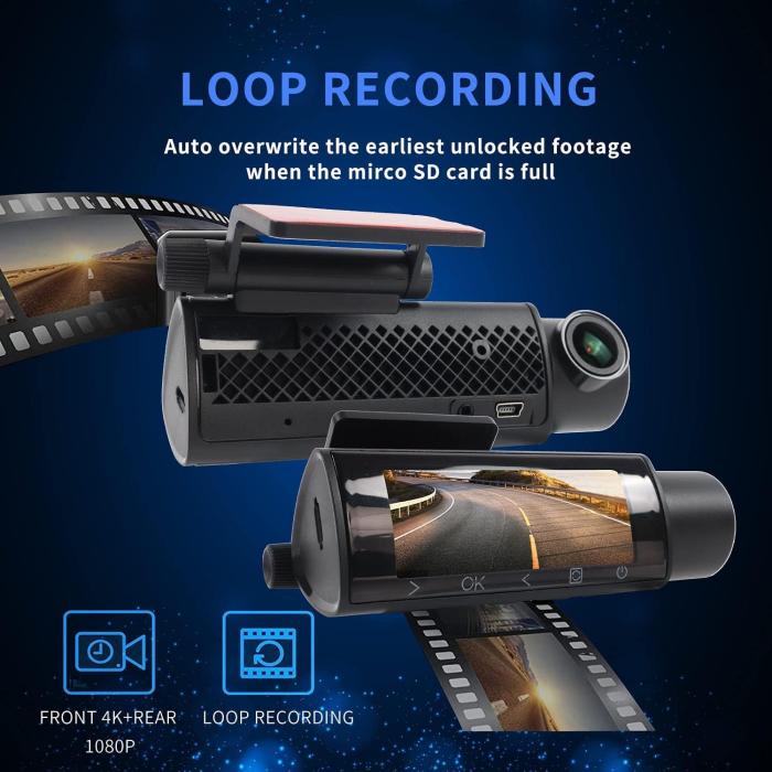 Cameră auto duală față și spate cu aplicație, WiFi 4K HD,vedere nocturnă, WDR, înregistrare în buclă, unghi larg de 170°, senzor G [4]