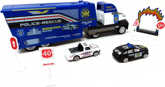 Camion cu rampa de transport masini, set cu 2 masini politie si indicatoare [6]