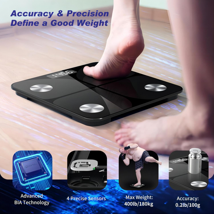 Cântar digital pentru grăsimi corporale, masă musculară cu APP 180 kg , Bluetooth, IMC, greutate, apă și masă musculară [3]