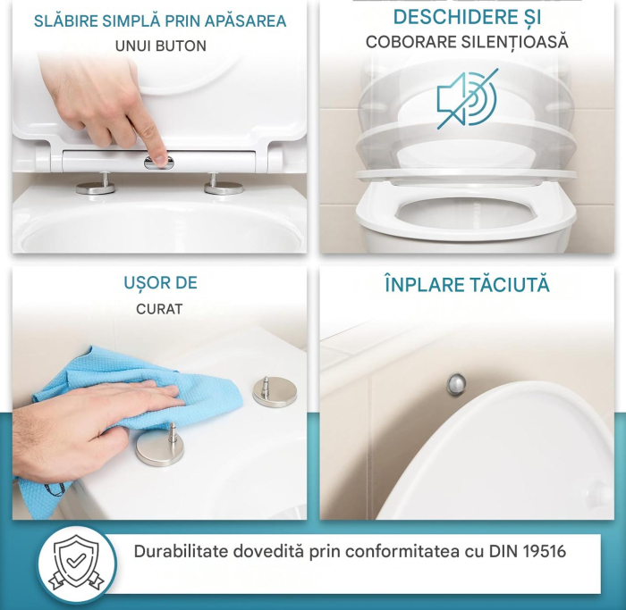 Capac WC Universal cu Închidere Soft, D-Shape, Duroplast Alb, Quick Release, Montare de Sus, 150 kg [5]