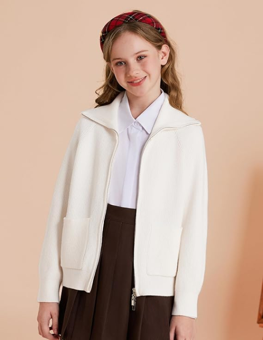 Cardigan, bluza tricotata cu maneci lungi si fermoar dublu pentru fete 8 ani [3]