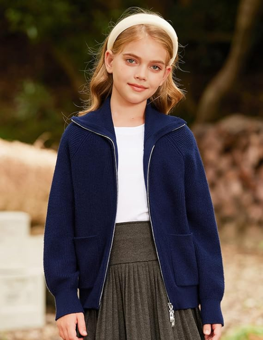 Cardigan albastru, bluza tricotata cu maneci lungi si fermoar dublu pentru fete 8 ani [3]
