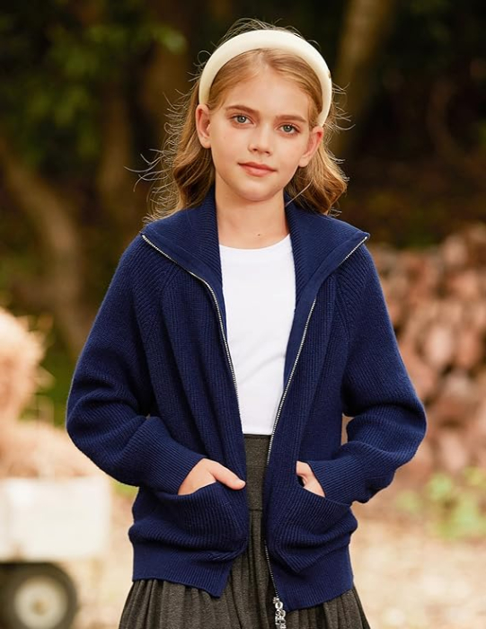 Cardigan albastru, bluza tricotata cu maneci lungi si fermoar dublu pentru fete 8 ani [7]