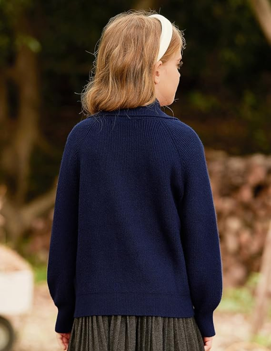 Cardigan albastru, bluza tricotata cu maneci lungi si fermoar dublu pentru fete 12 ani [4]