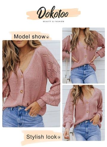 Cardigan, bluza tricotata larga cu maneci lungi si nasturi, pentru femei, Roz 2XL [3]